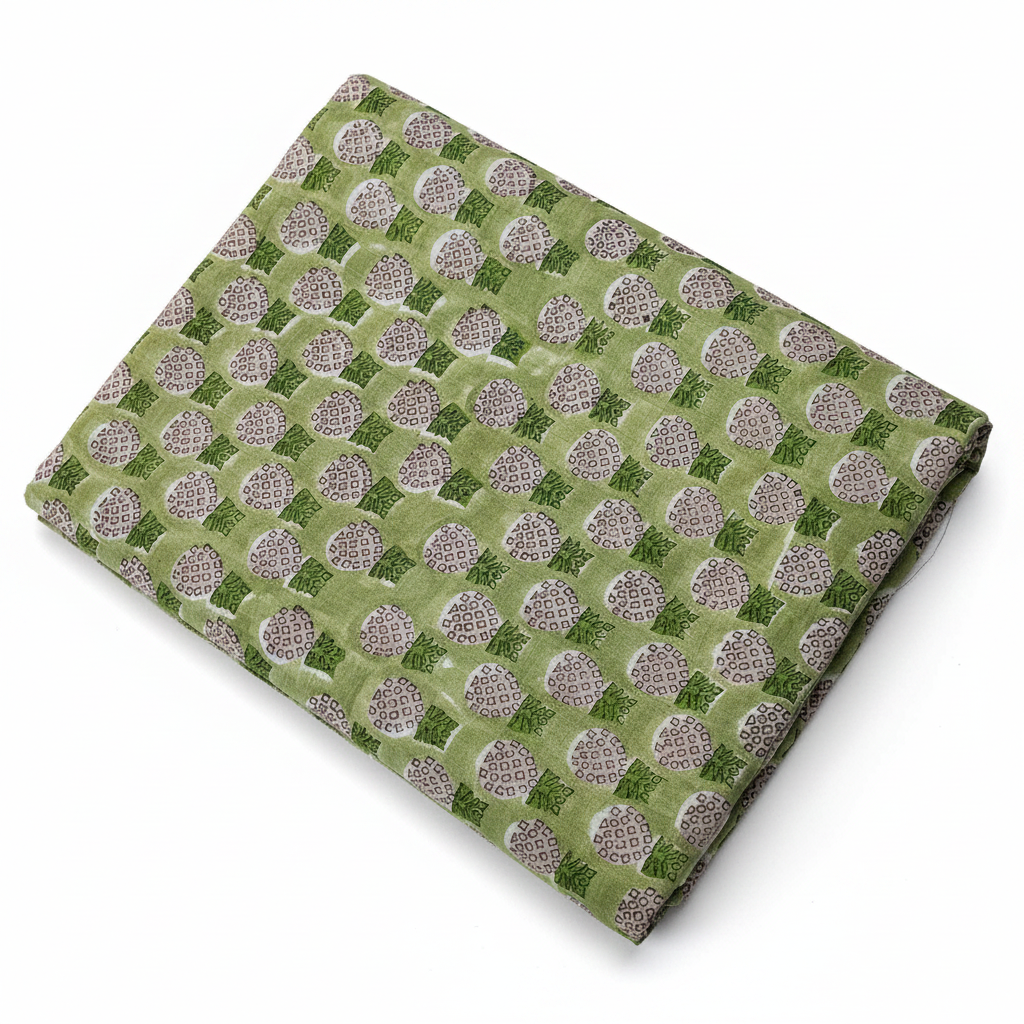 Handmade Bagru Print Textile – Green Floral Print Cotton Material