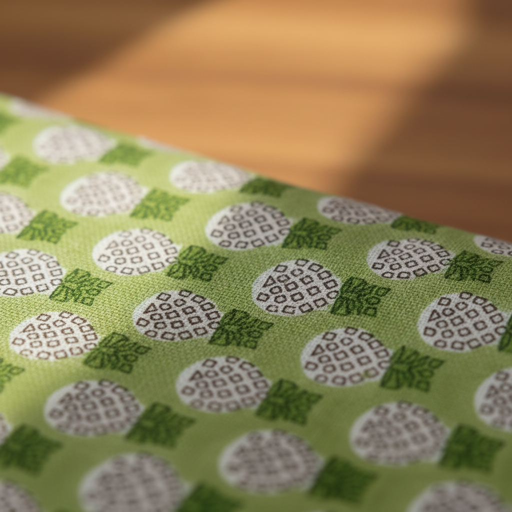 Close-up of green fabric with circular pattern on a blurred background