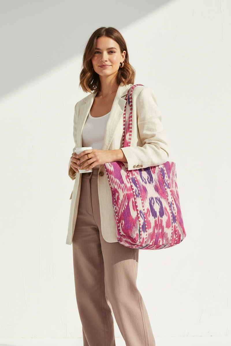 Woman holding a colorful tote bag against a white background