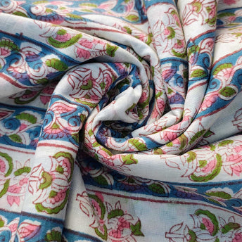 Handmade Bagru Print Textile –  White And Blue Floral Print Cotton Material