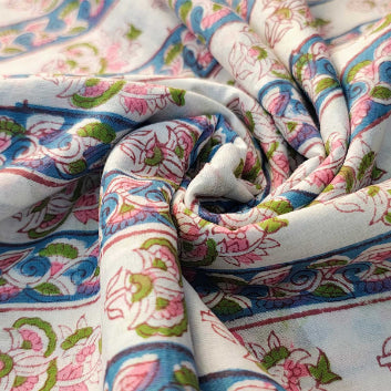 Sanganeri Hand Block Print Cotton Fabric – White And Blue Floral Print