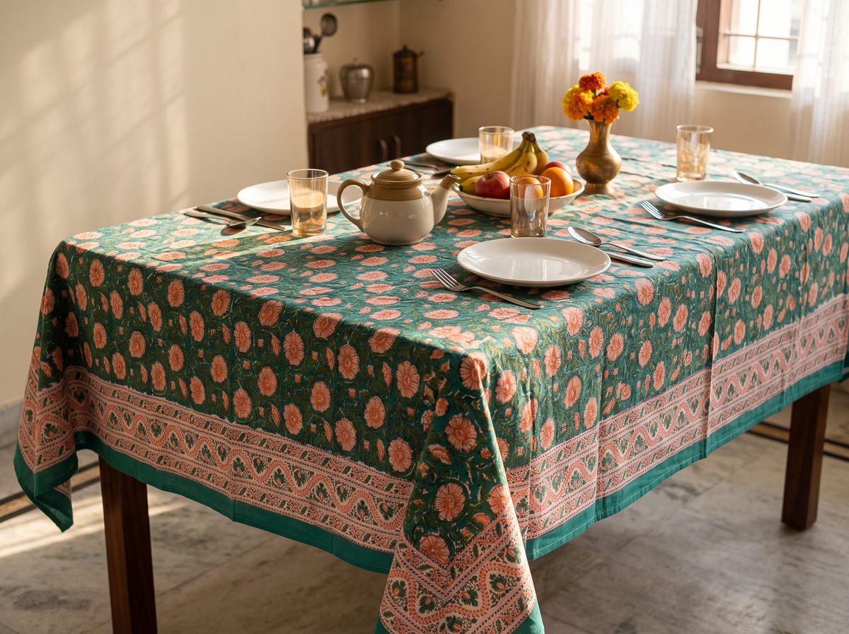 Sanganeri Hand Block Print Cotton Tablecloth 90x108, Pink Floral Mughal Buta Table Cover, 8 Seater Indian Dining Linen, Handmade Gif (Copy)