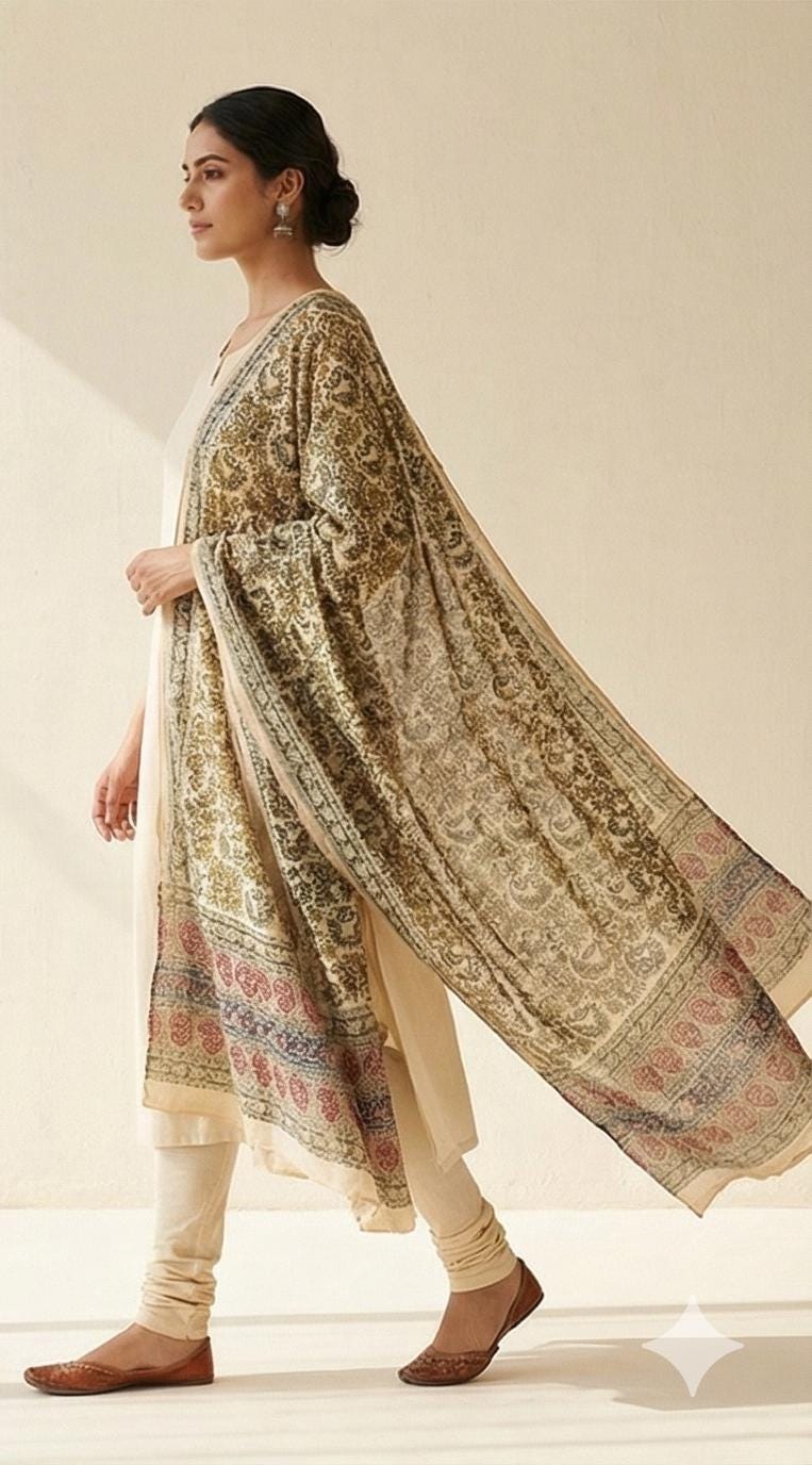Golden Ochre Floral Vine Kalamkari Hand-Block Printed Cotton Dupatta