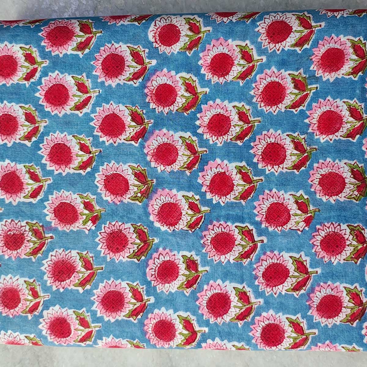 Handmade Bagru Print Textile –  Blue And Pink Floral Print Cotton Material