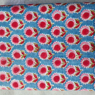 Handmade Bagru Print Textile –  Blue And Pink Floral Print Cotton Material