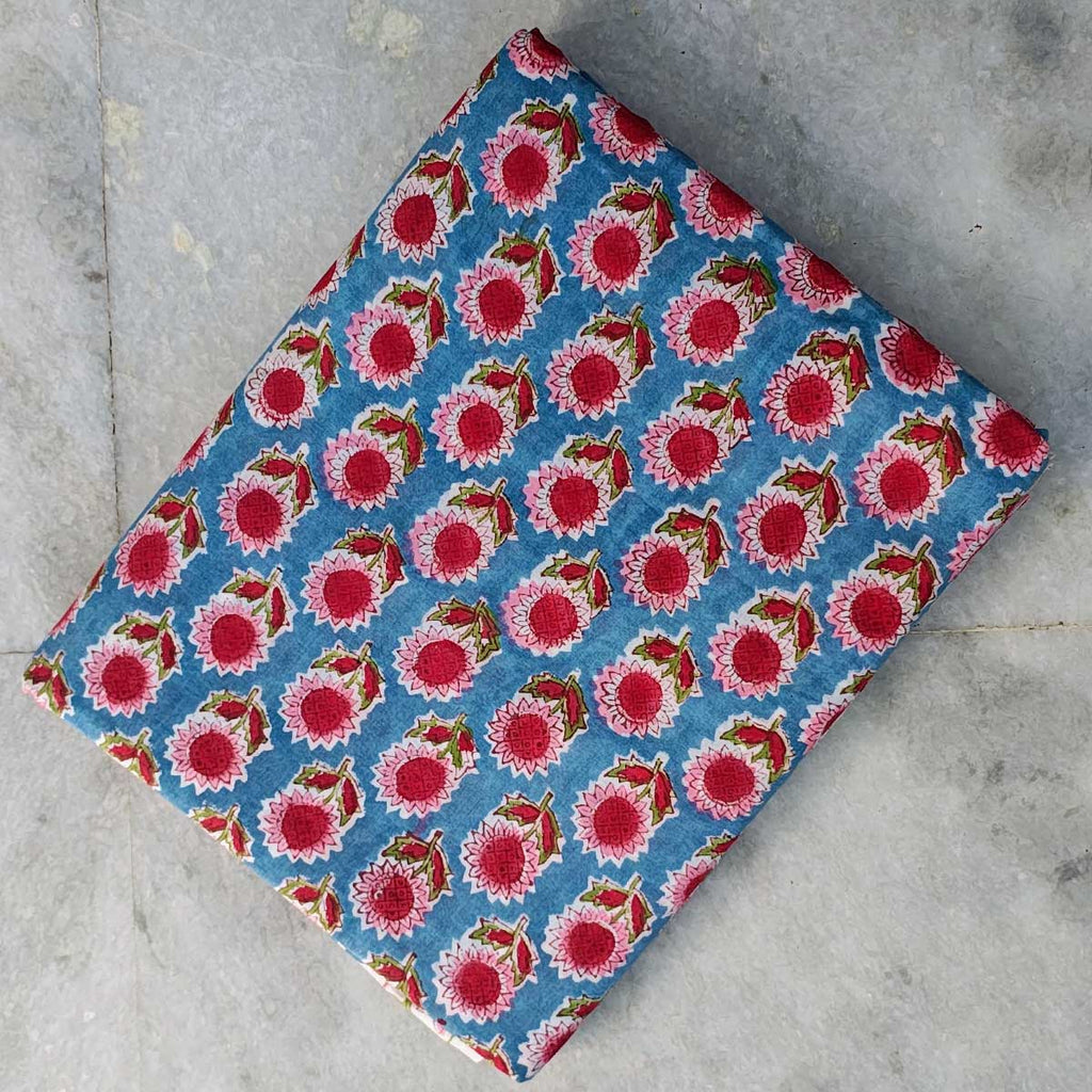Handmade Bagru Print Textile –  Blue And Pink Floral Print Cotton Material