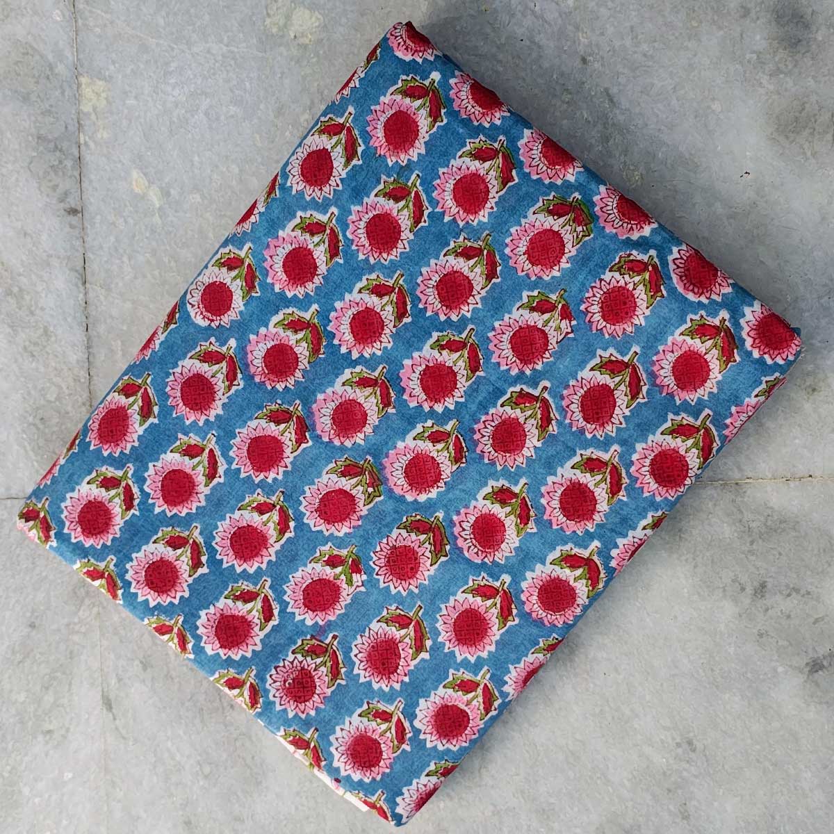 Handmade Bagru Print Textile –  Blue And Pink Floral Print Cotton Material