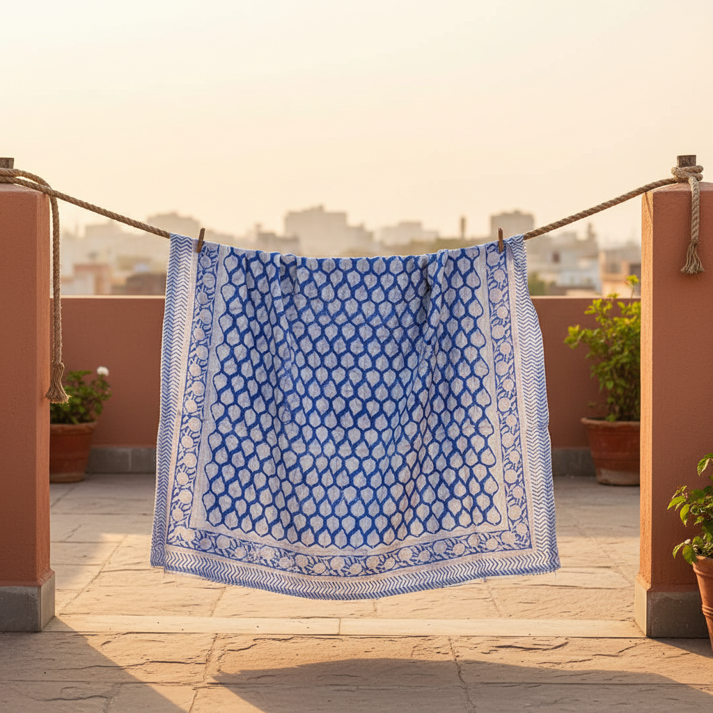 Blue and white patterned fabric on a white background