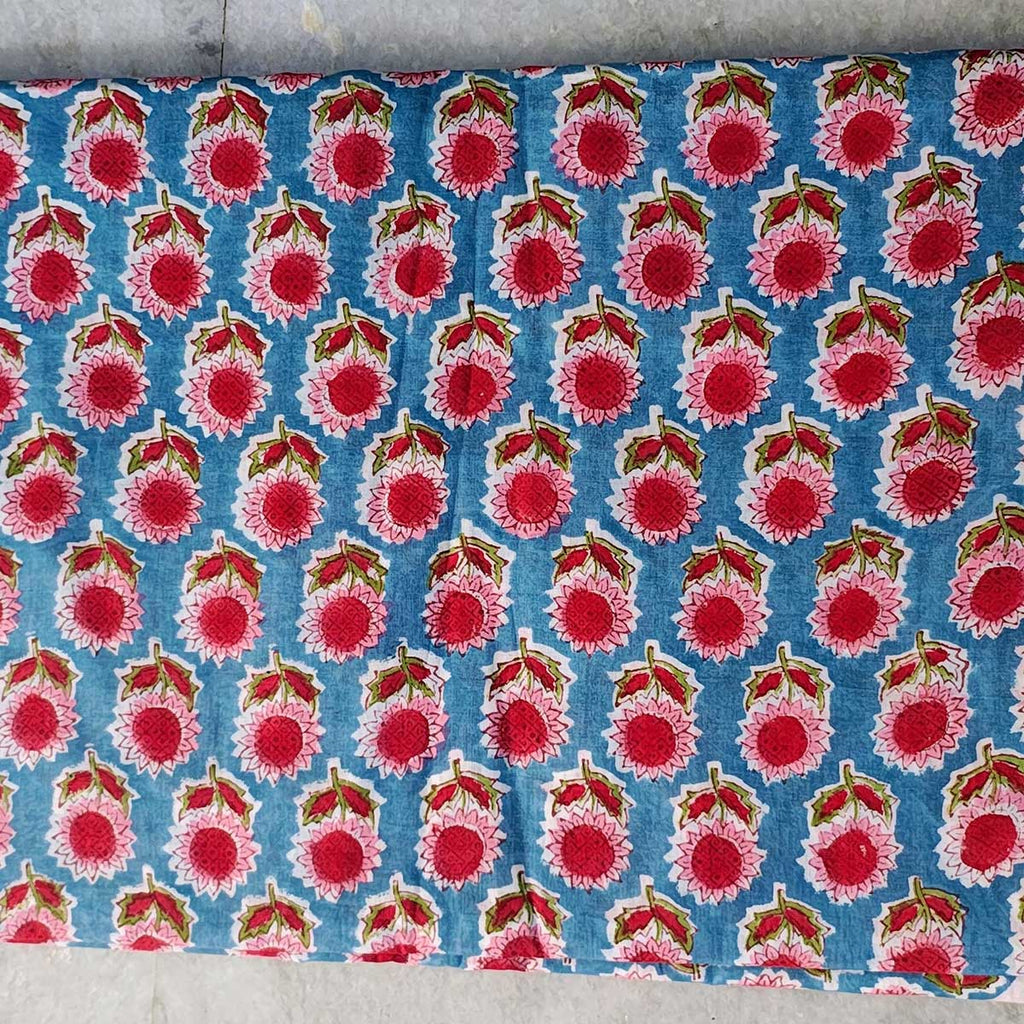 Handmade Bagru Print Textile –  Blue And Pink Floral Print Cotton Material