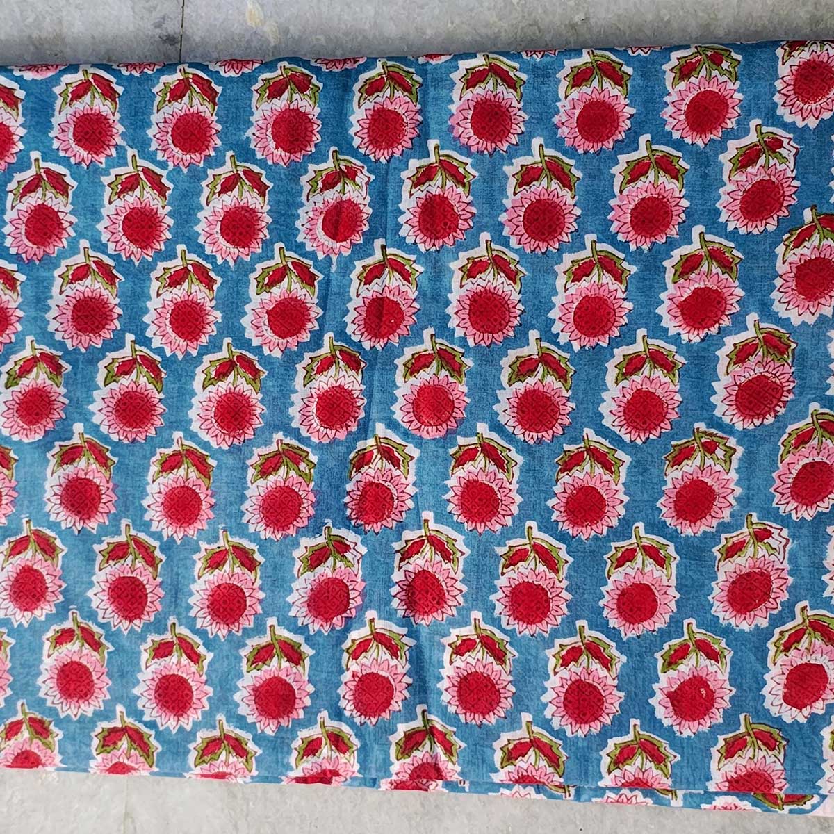Handmade Bagru Print Textile –  Blue And Pink Floral Print Cotton Material