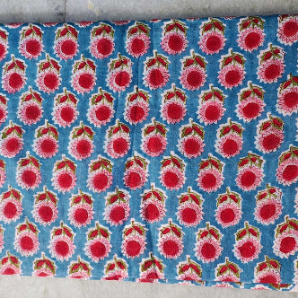 Handmade Bagru Print Textile –  Blue And Pink Floral Print Cotton Material