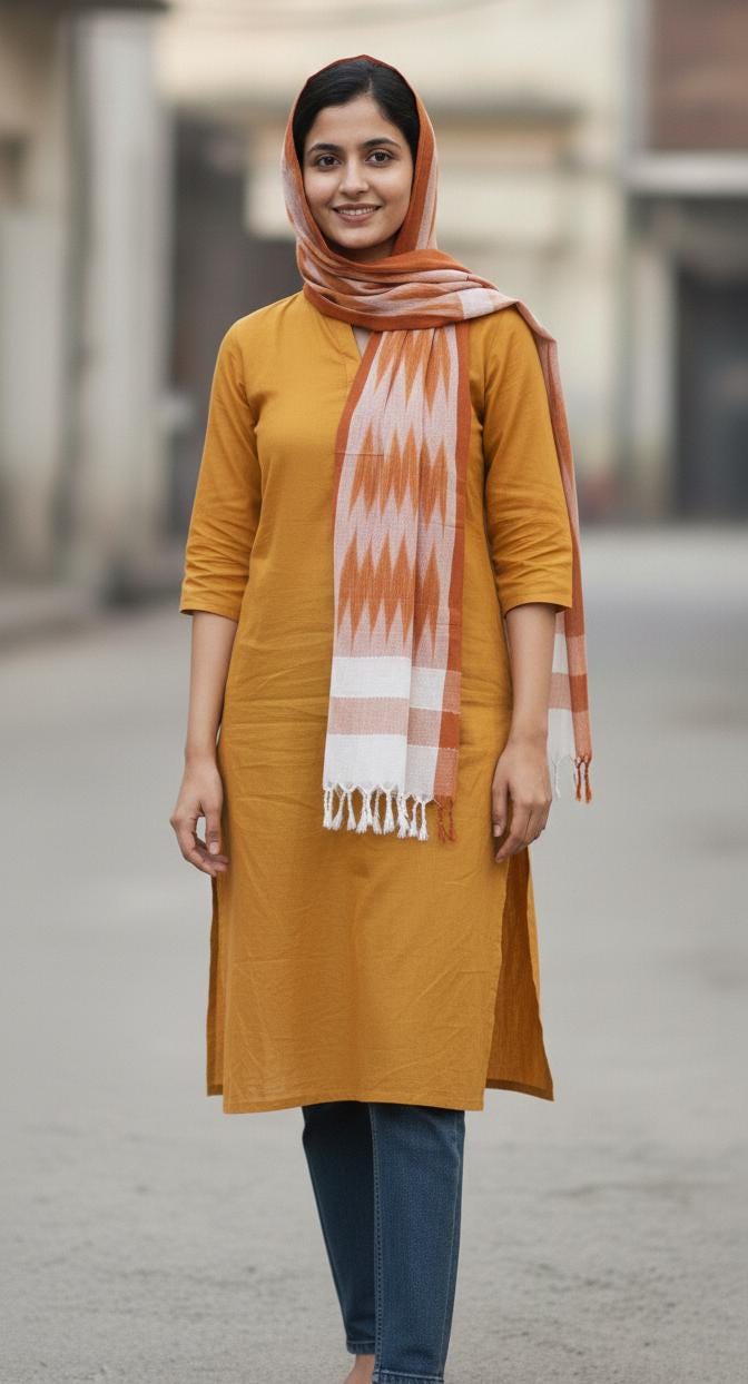 Handcrafted Pure Cotton Ikkat Stole in Crimson & Azure