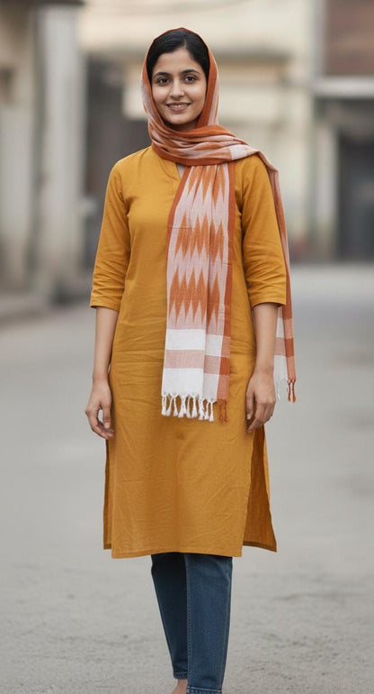 Handcrafted Pure Cotton Ikkat Stole in Crimson & Azure