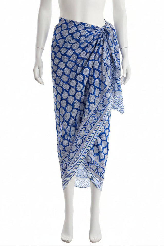 Blue and white patterned scarf on a white background