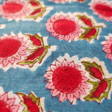 Handmade Bagru Print Textile –  Blue And Pink Floral Print Cotton Material