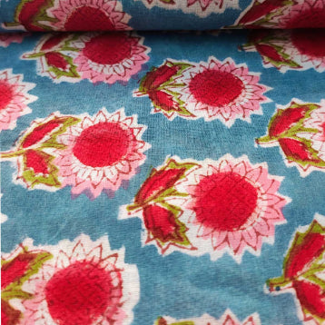 Handmade Bagru Print Textile –  Blue And Pink Floral Print Cotton Material
