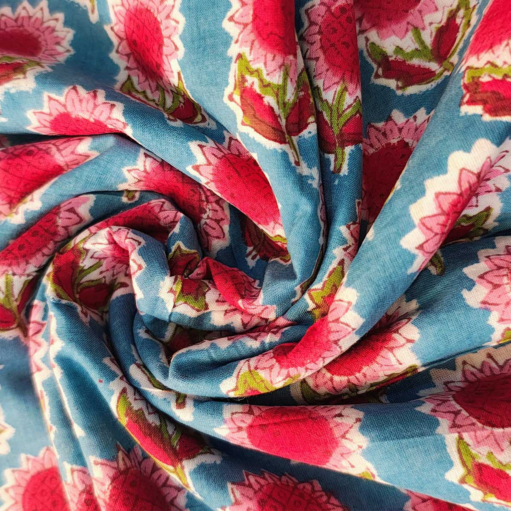 Handmade Bagru Print Textile –  Blue And Pink Floral Print Cotton Material
