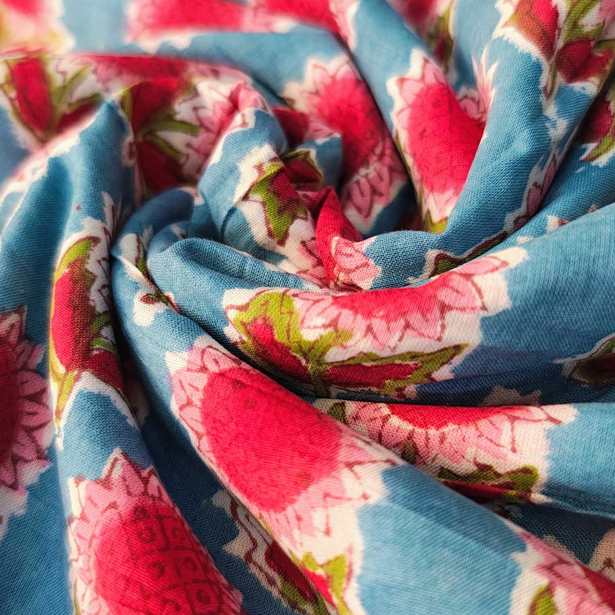 Handmade Bagru Print Textile –  Blue And Pink Floral Print Cotton Material