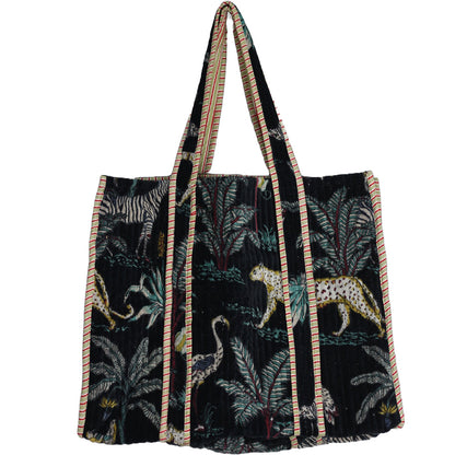 Black pouch with nature-themed design on a white background