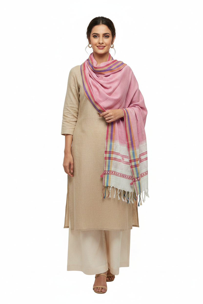 Handwoven Viscose Pink Color Kutch Bhujodi Stole with Tassels (W60cm X L210cm)