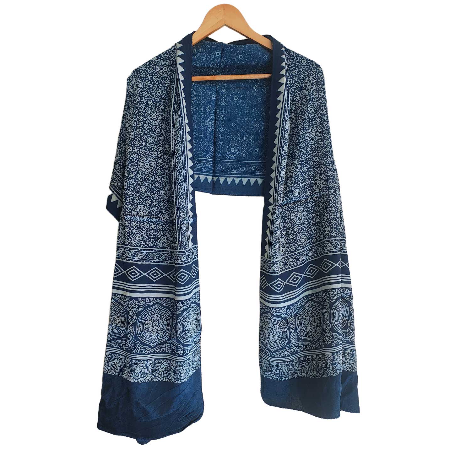 Ajrakh Hand Block Print Navy Color Viscose Stole | Traditional Geometric Print | L220 X W55 cm