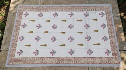 Sanganeri Hand Block Print Cotton Tablecloth 90x108, Pink Floral Mughal Buta Table Cover, 8 Seater Indian Dining Linen, Handmade Gif