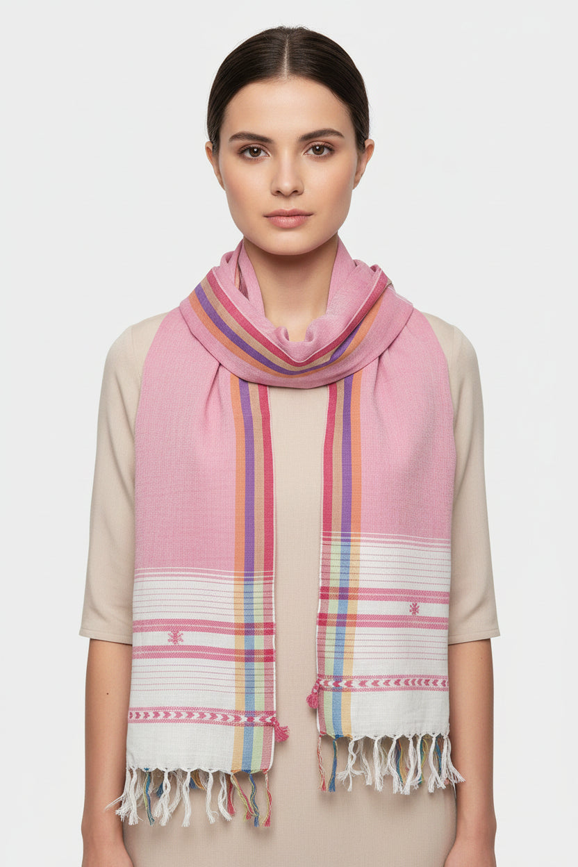 Handwoven Viscose Pink Color Kutch Bhujodi Stole with Tassels (W60cm X L210cm)