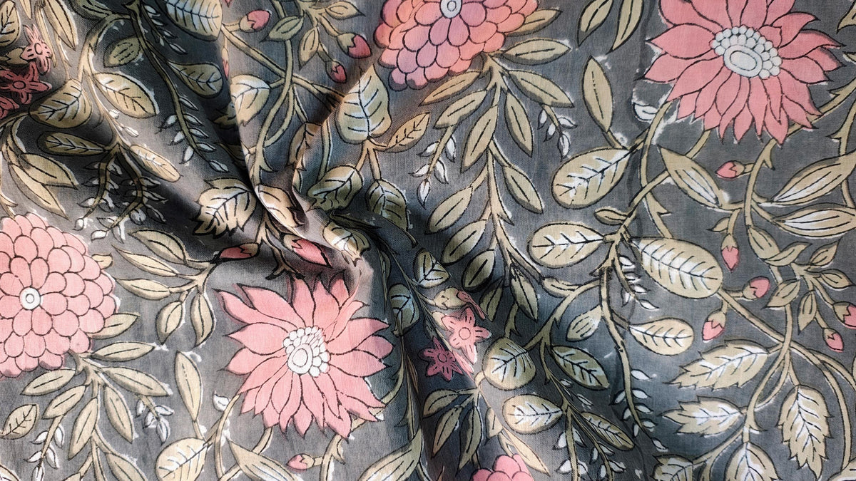 Natural Dye Indian Block Print Fabric by the Yard | Authentic Sanganeri Handloom Cotton Textile