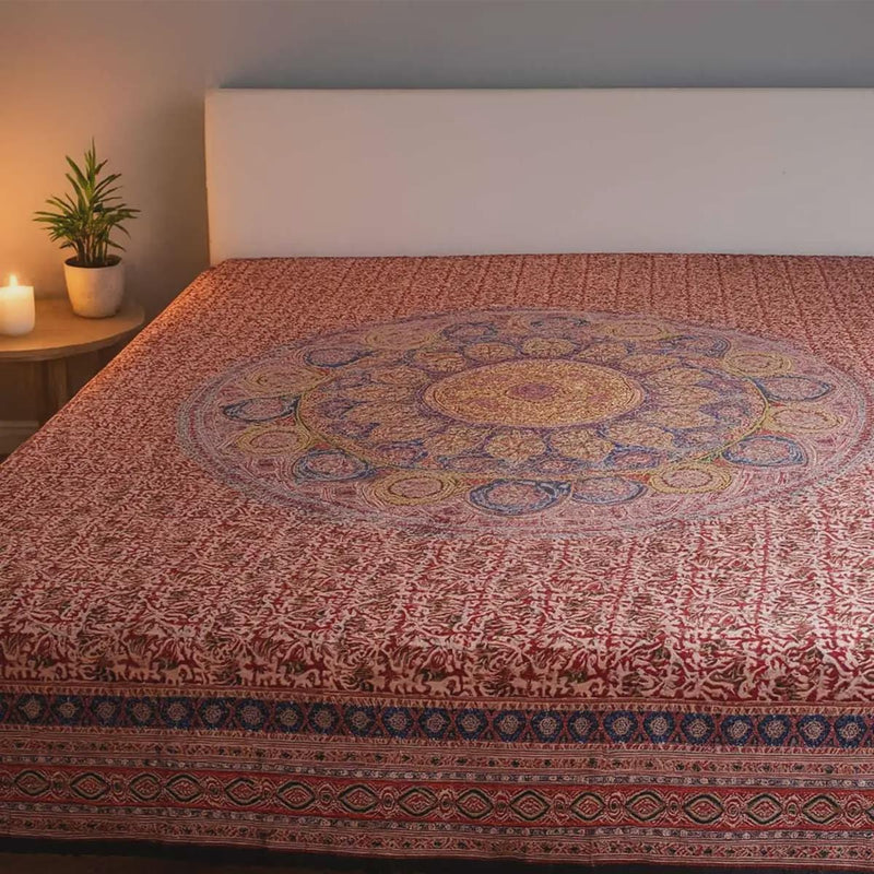 Kalamkari Block Printed Cotton Bedsheet with Floral and Traditional Motifs
