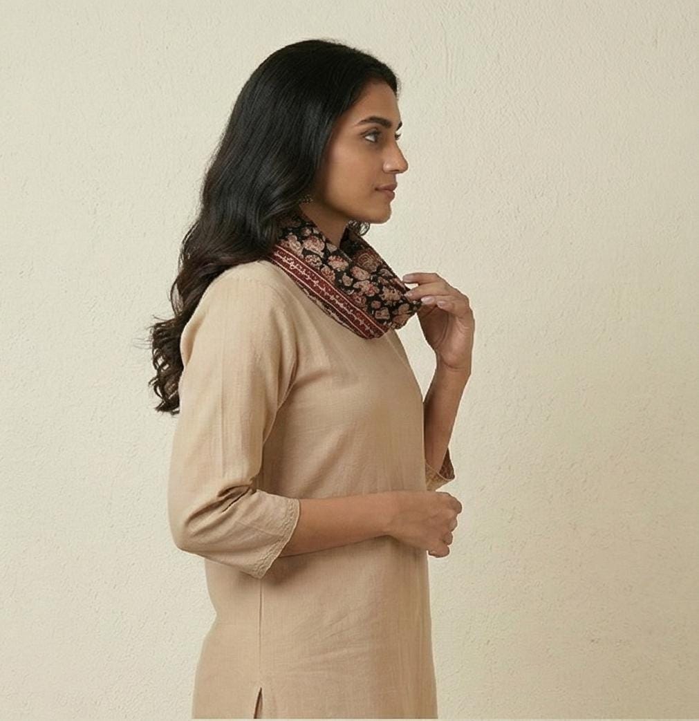 Midnight Bloom Kalamkari Stole - Black & Rust Hand Block Print (120 x 185 cm)