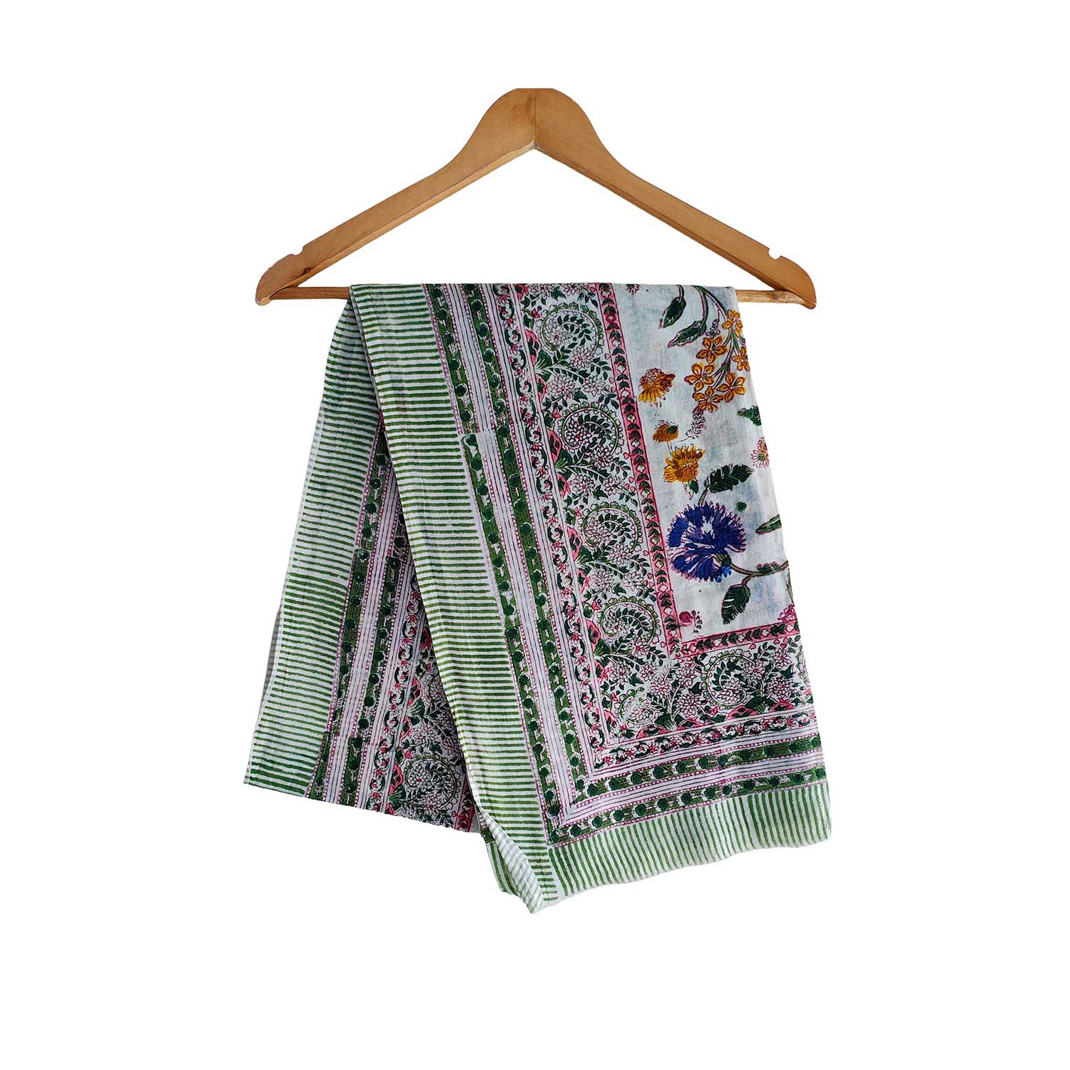Green patterned scarf on a wooden hanger against a white background