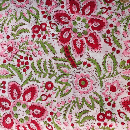 Sanganeri Hand Block Print Cotton Fabric – White And Pink Floral Print