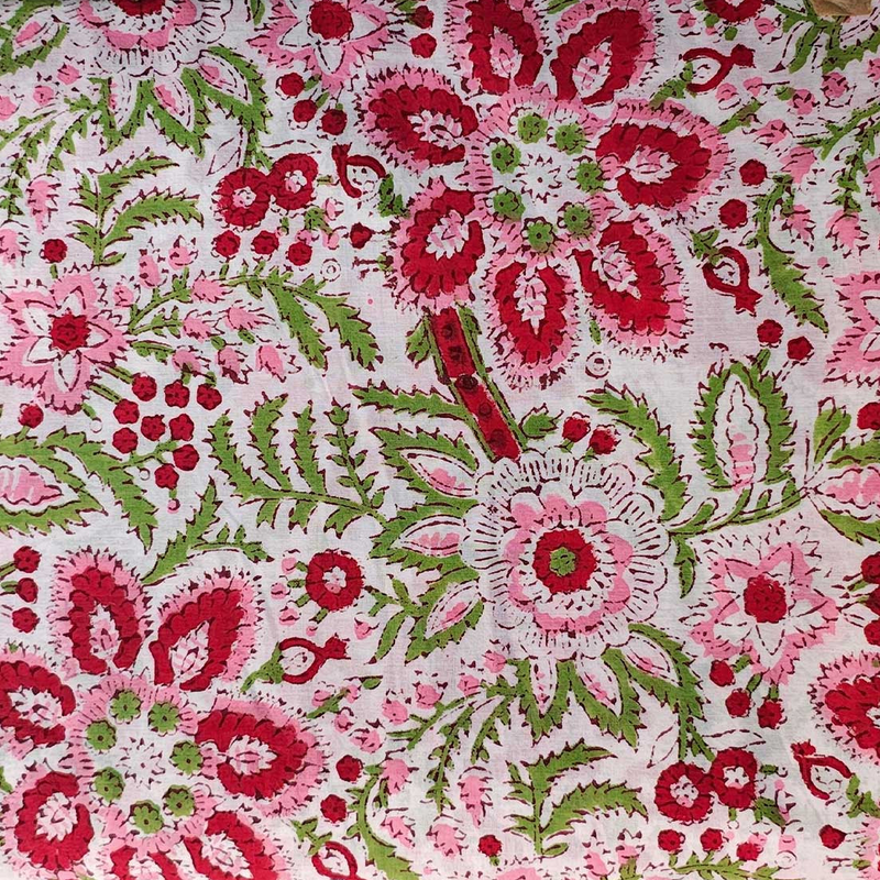 Sanganeri Hand Block Print Cotton Fabric – White And Pink Floral Print