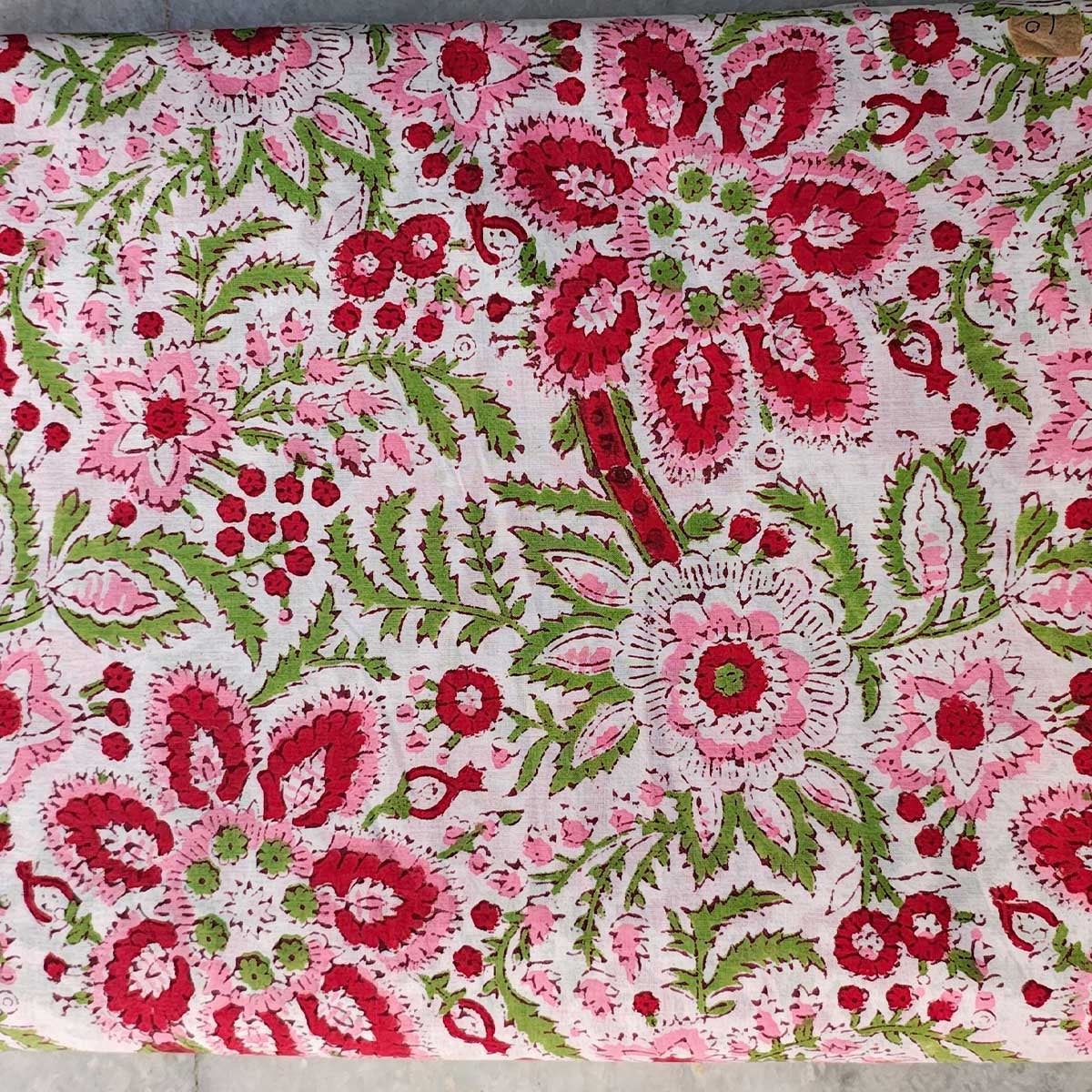Handmade Bagru Print Textile –  White And Pink Floral Print Cotton Material