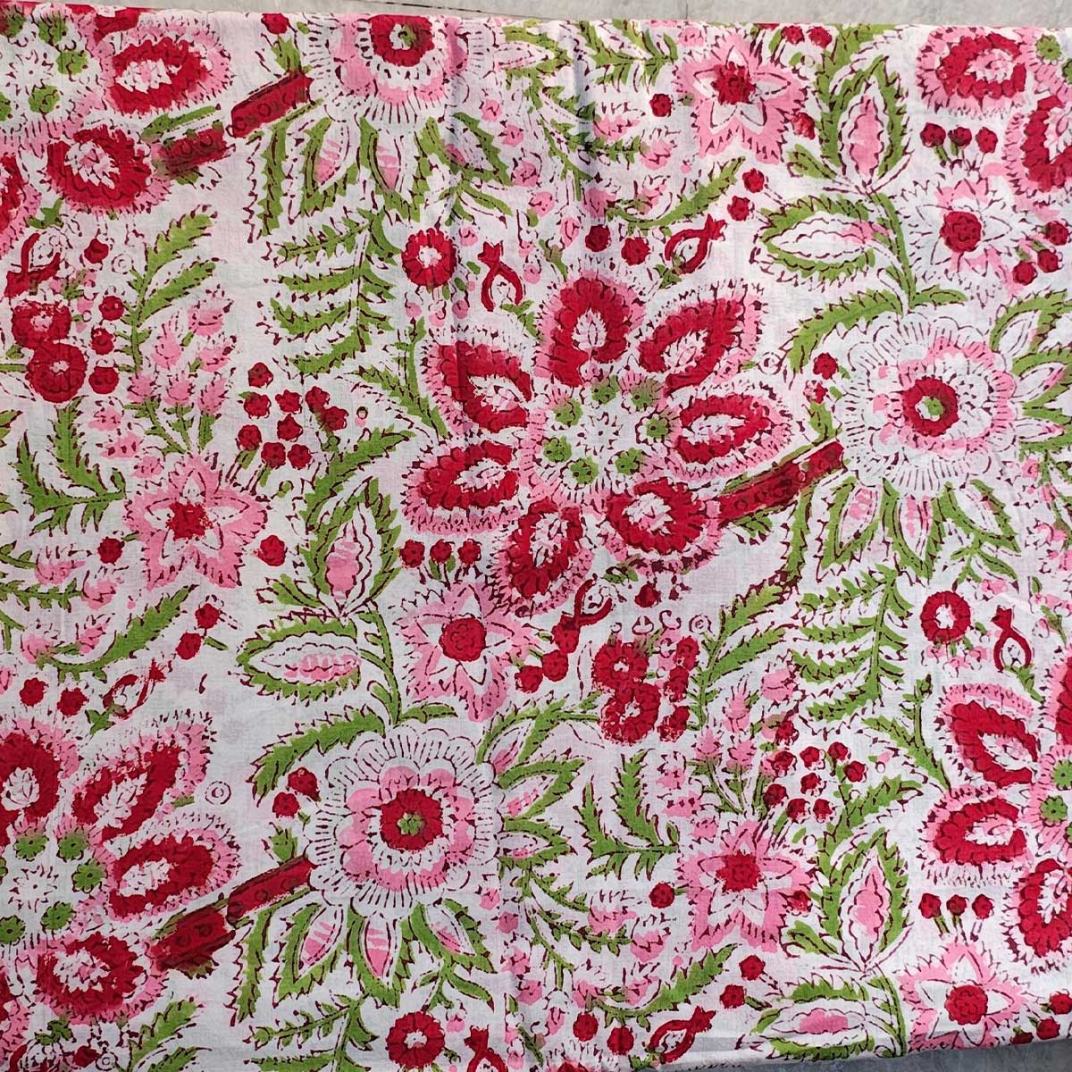 Handmade Bagru Print Textile –  White And Pink Floral Print Cotton Material