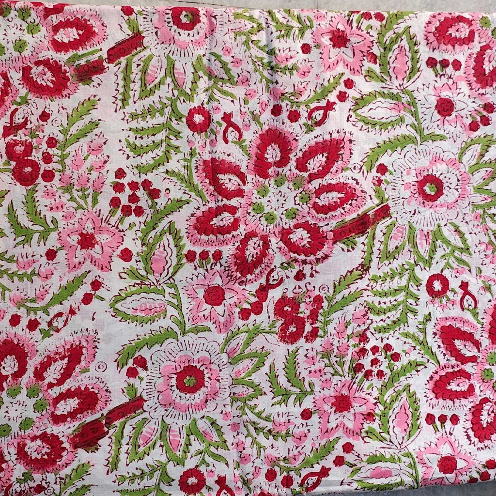 Sanganeri Hand Block Print Cotton Fabric – White And Pink Floral Print