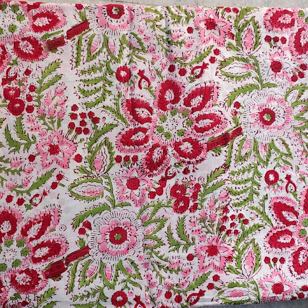 Handmade Bagru Print Textile –  White And Pink Floral Print Cotton Material