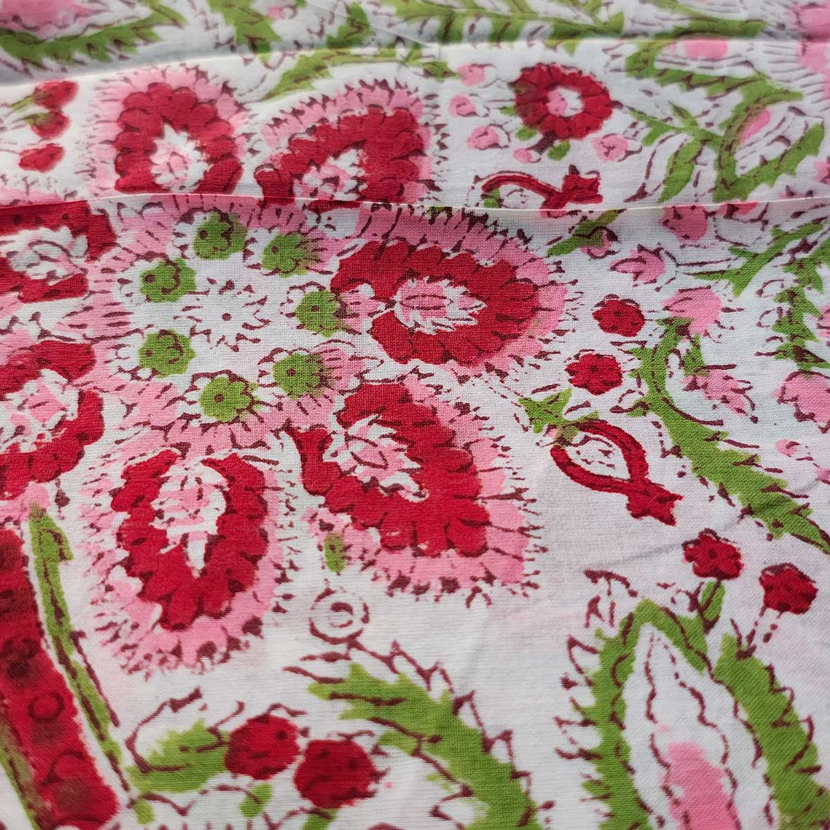 Handmade Bagru Print Textile –  White And Pink Floral Print Cotton Material