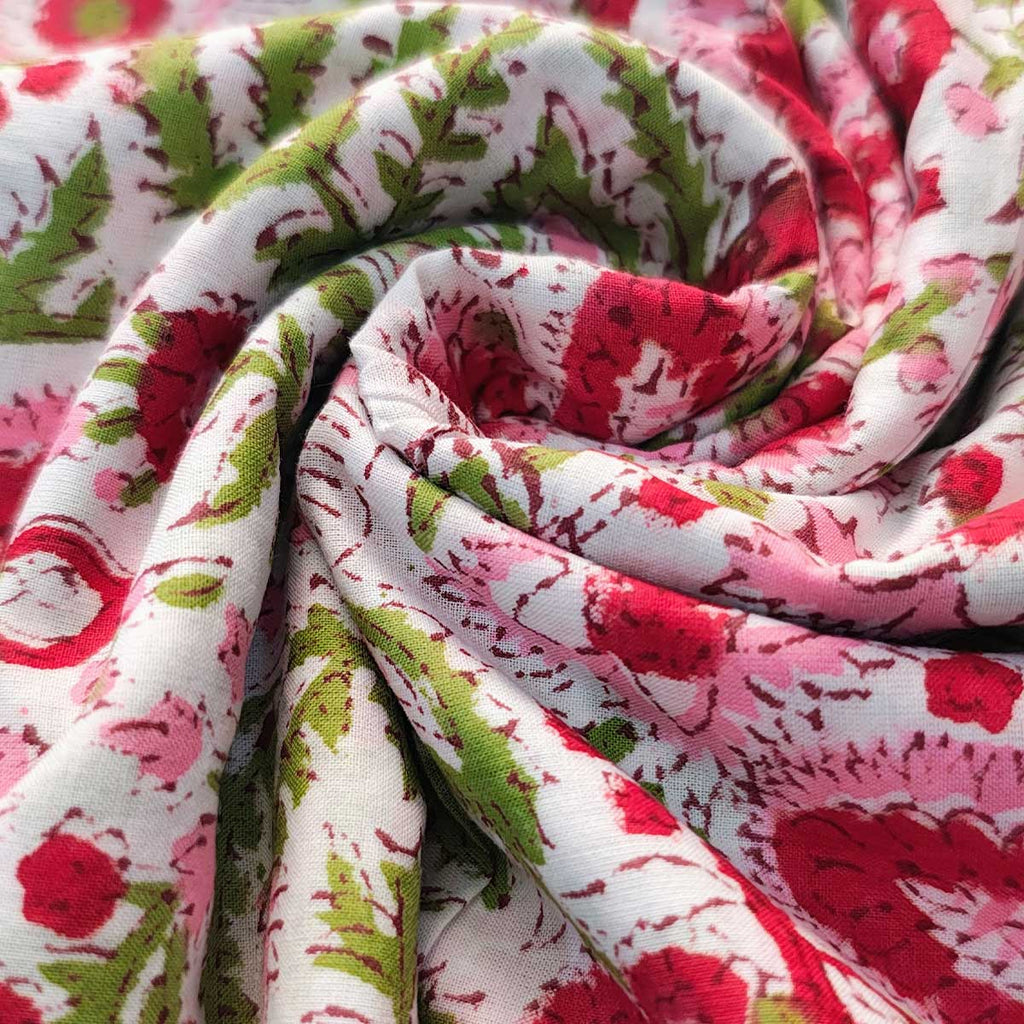 Sanganeri Hand Block Print Cotton Fabric – White And Pink Floral Print
