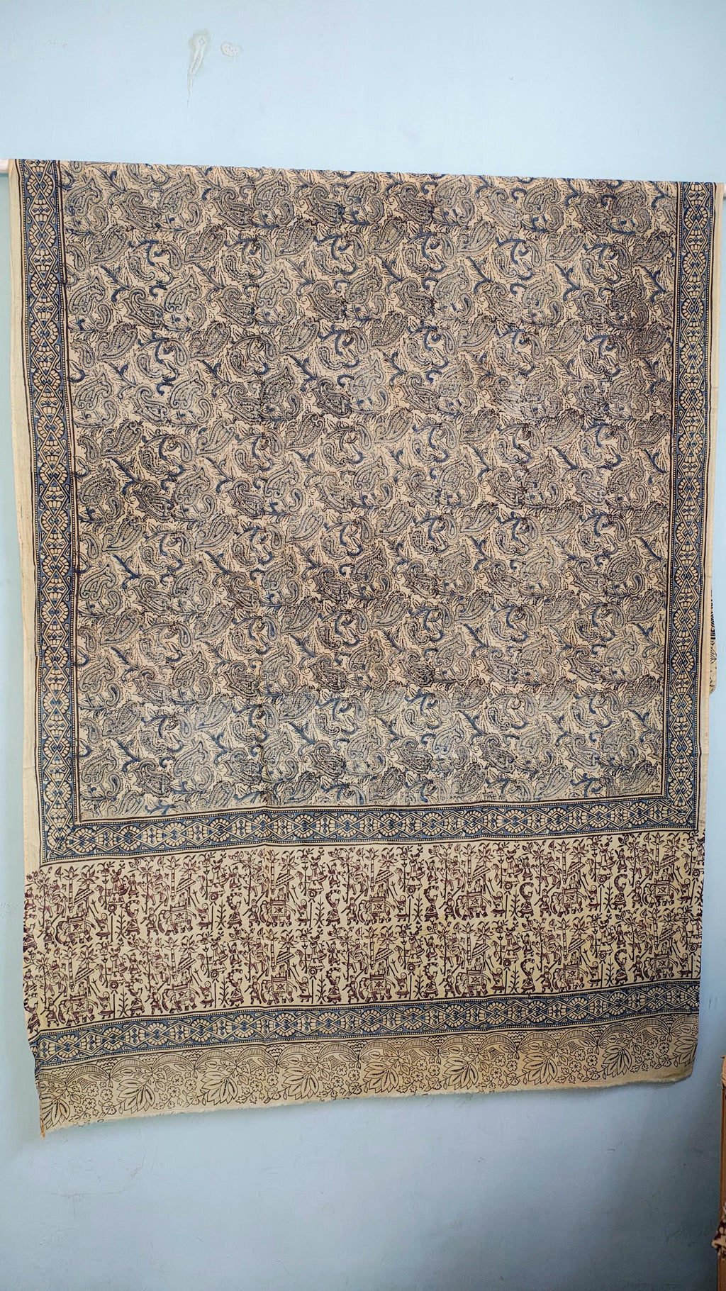 Handcrafted Kalamkari Cotton Stole – Indigo Paisley Tribal Print