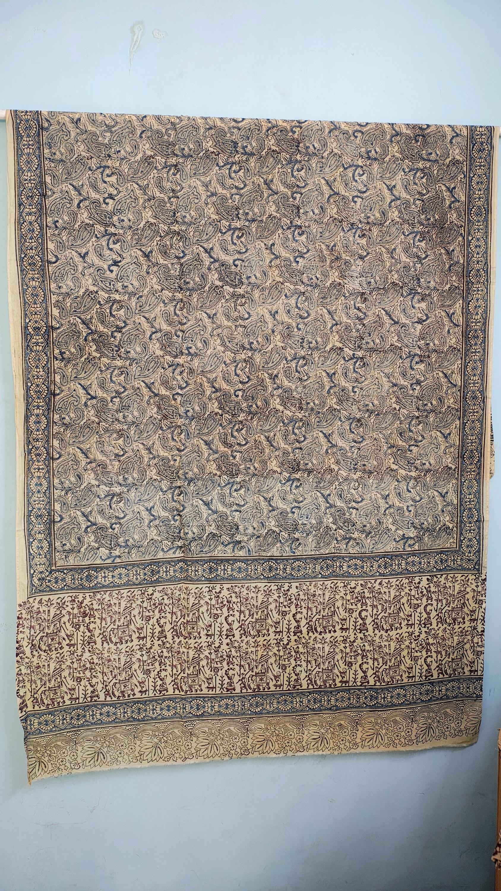 Handcrafted Kalamkari Cotton Stole – Indigo Paisley Tribal Print