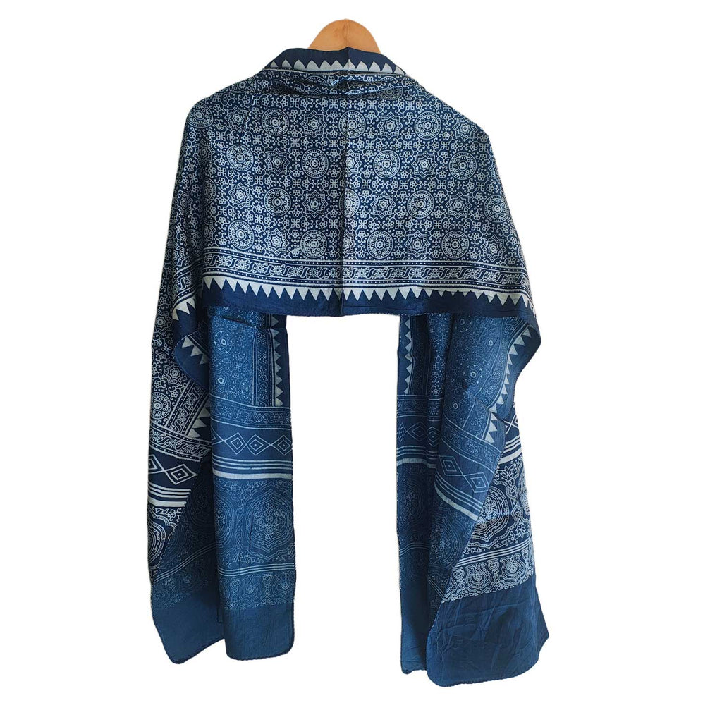Ajrakh Hand Block Print Navy Color Viscose Stole | Traditional Geometric Print | L220 X W55 cm
