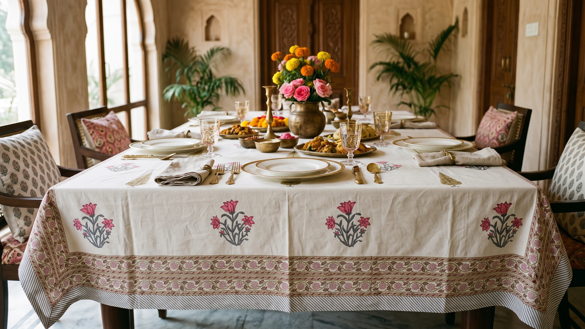 Sanganeri Hand Block Print Cotton Tablecloth 90x108, Pink Floral Mughal Buta Table Cover, 8 Seater Indian Dining Linen, Handmade Gif