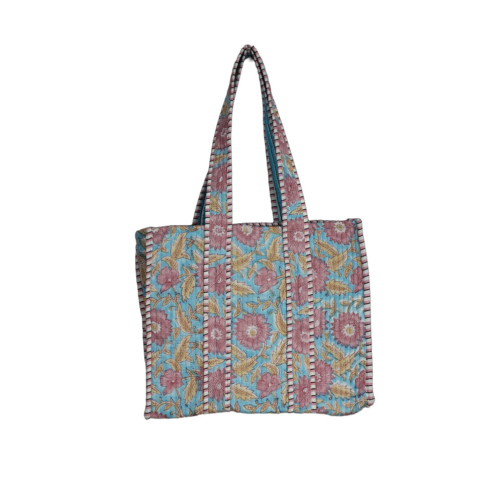 Handmade Block Print Cotton Quilted Tote Bag – Mint & Pink Floral
