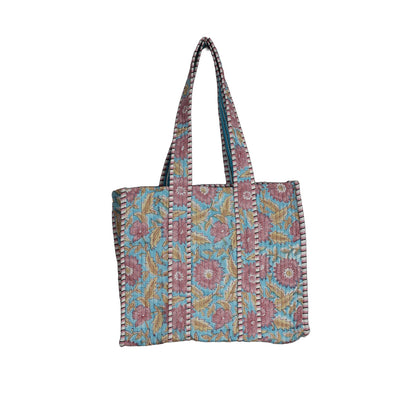 Handmade Block Print Cotton Quilted Tote Bag – Mint & Pink Floral