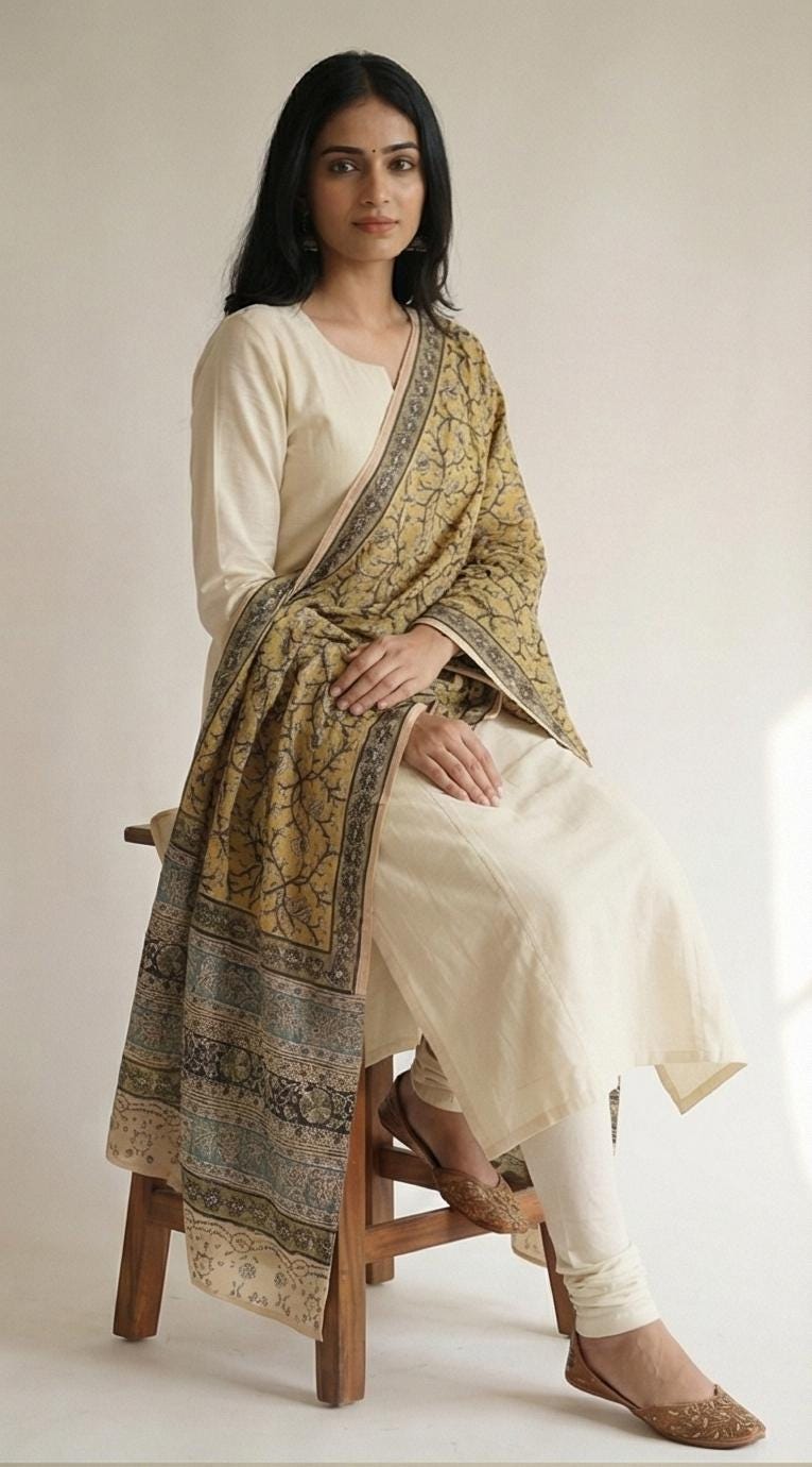 Mustard Yellow & Indigo Hand Block Printed Kalamkari Cotton Dupatta