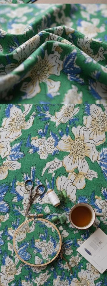 Authentic Sanganeri Hand Block Print Cotton Fabric by the Yard | Natural Dye Floral Print
