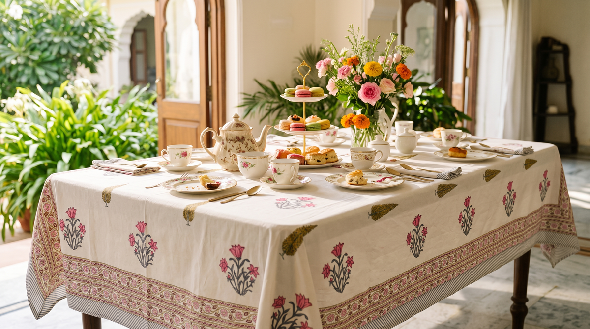 Sanganeri Hand Block Print Cotton Tablecloth 90x108, Pink Floral Mughal Buta Table Cover, 8 Seater Indian Dining Linen, Handmade Gif