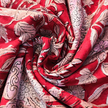 Handmade Bagru Print Textile –  Red Floral Print Cotton Material