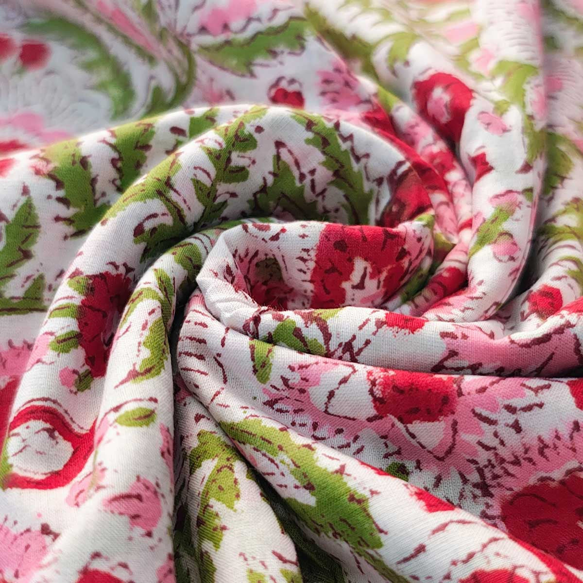 Handmade Bagru Print Textile –  White And Pink Floral Print Cotton Material